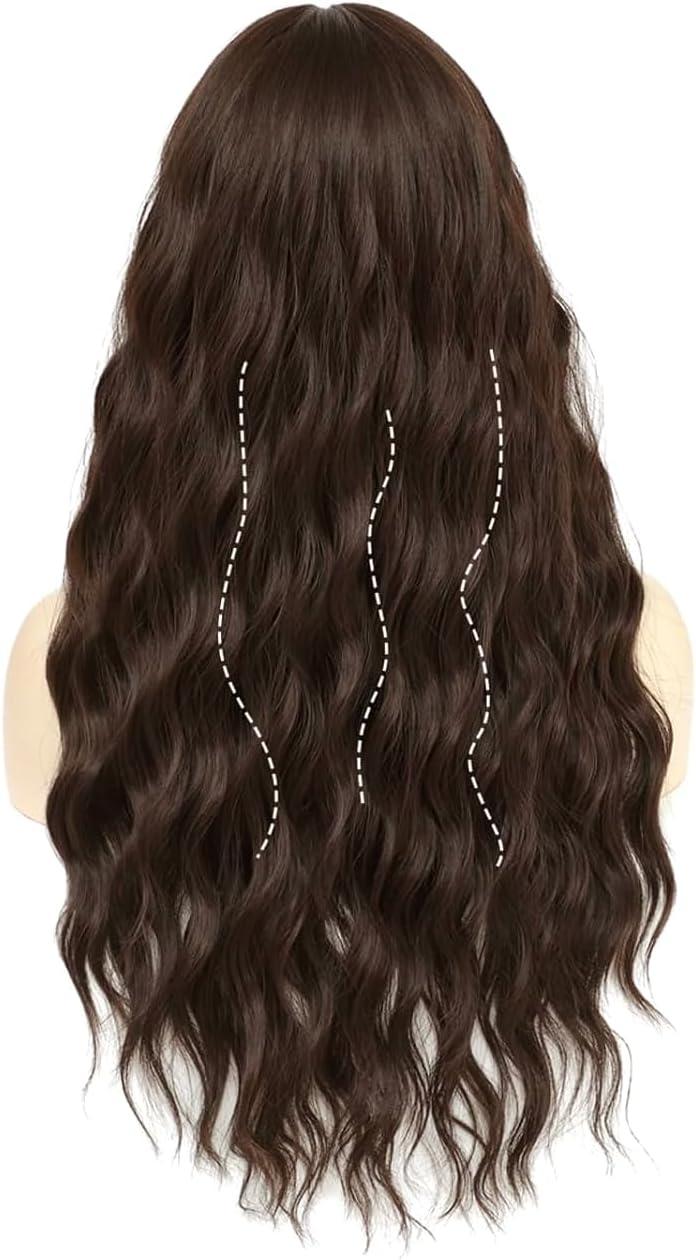 image:imagePerruques longues blond clair pour femme avec frange de cheveux synthtiques boucls onduls daspect naturel pour femme pour le quotidien ou Halloween cosplay 711 cmMarron fonc