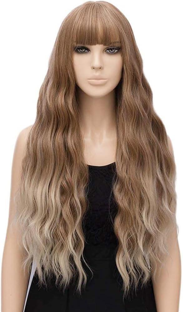 image:imagePerruques longues blond clair pour femme avec frange de cheveux synthtiques boucls onduls daspect naturel pour femme pour le quotidien ou Halloween cosplay 711 cmOmbre MarronBlond