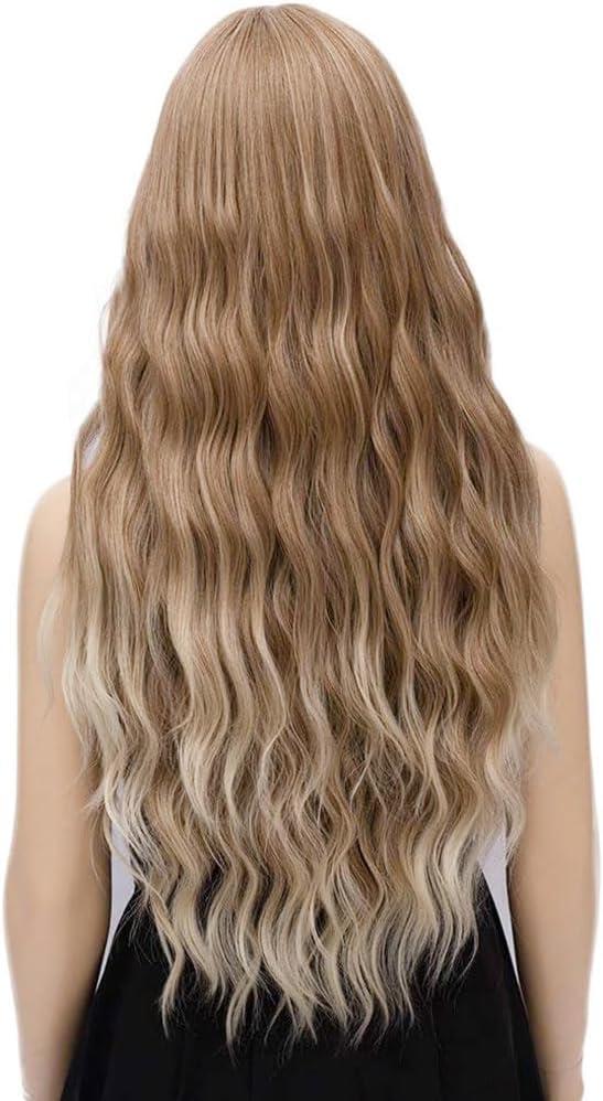 image:imagePerruques longues blond clair pour femme avec frange de cheveux synthtiques boucls onduls daspect naturel pour femme pour le quotidien ou Halloween cosplay 711 cmOmbre MarronBlond