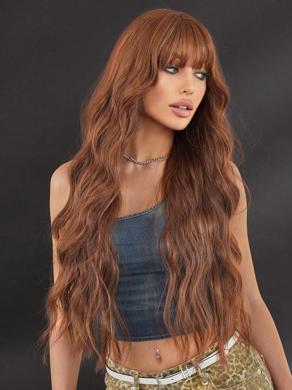 image:imagePerruques longues blond clair pour femme avec frange de cheveux synthtiques boucls onduls daspect naturel pour femme pour le quotidien ou Halloween cosplay 711 cmBrun miel