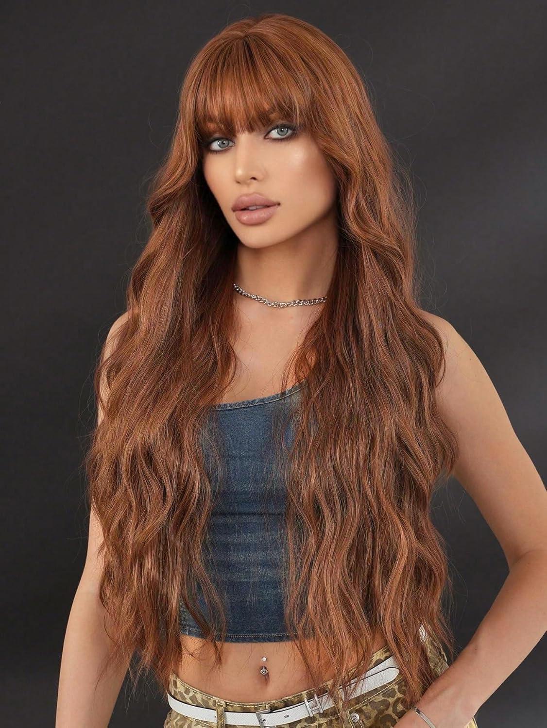 image:imagePerruques longues blond clair pour femme avec frange de cheveux synthtiques boucls onduls daspect naturel pour femme pour le quotidien ou Halloween cosplay 711 cmBrun miel