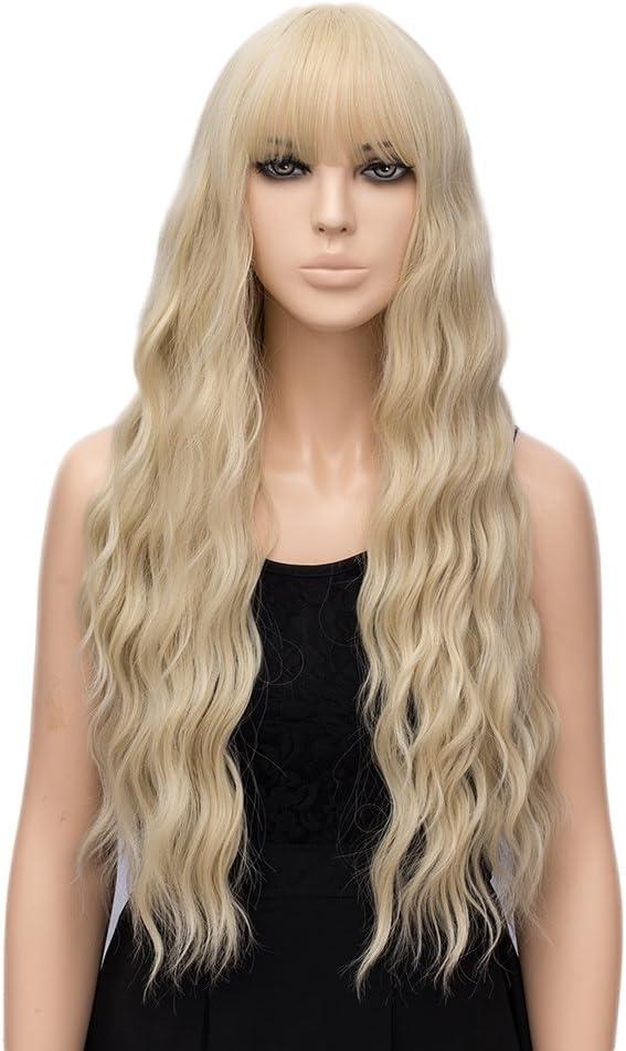 image:imagePerruques longues blond clair pour femme avec frange de cheveux synthtiques boucls onduls daspect naturel pour femme pour le quotidien ou Halloween cosplay 711 cmblonde