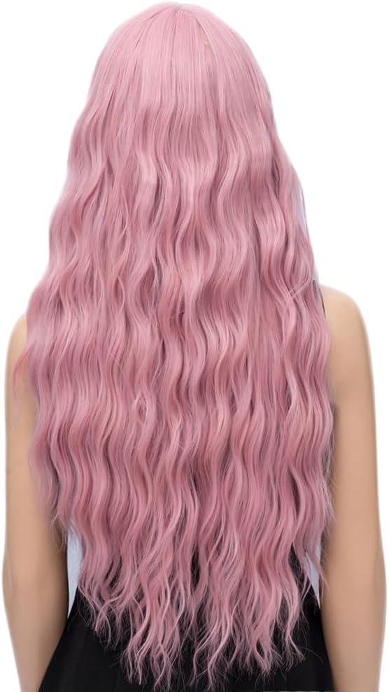 image:imagePerruques longues blond clair pour femme avec frange de cheveux synthtiques boucls onduls daspect naturel pour femme pour le quotidien ou Halloween cosplay 711 cmrose