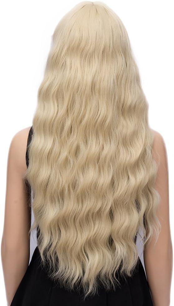 image:imagePerruques longues blond clair pour femme avec frange de cheveux synthtiques boucls onduls daspect naturel pour femme pour le quotidien ou Halloween cosplay 711 cmblonde