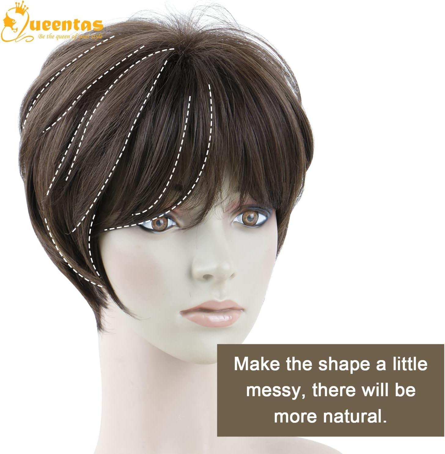 image:imageQueentas Perruque Courte Mixte Blonde Pixie Perruque Couche Nature Cheveux avec Frange Perruque Synthtique Rsistante La Chaleur Perruques Compltes pour Femmes et Fillesbrun fonc