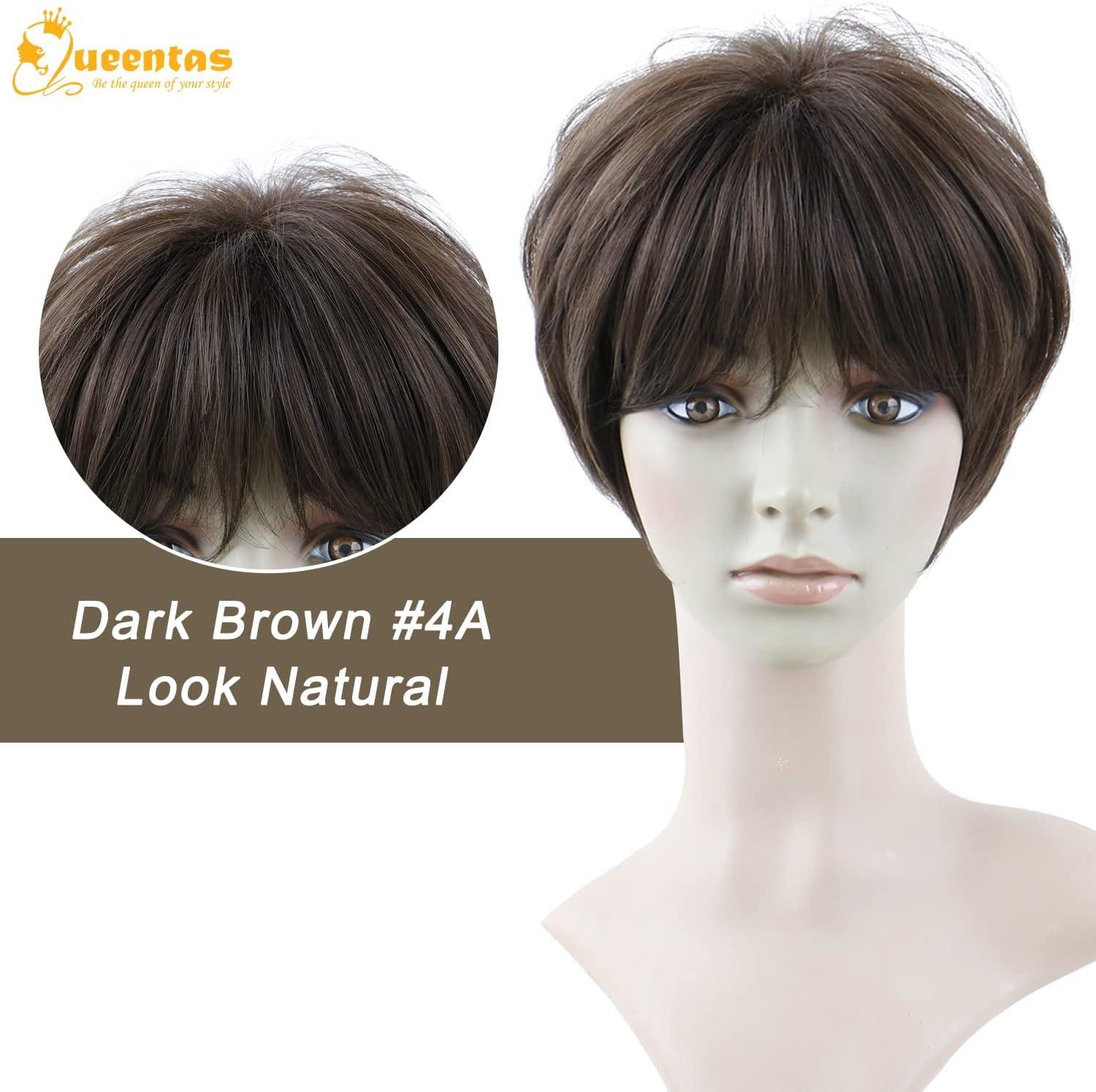image:imageQueentas Perruque Courte Mixte Blonde Pixie Perruque Couche Nature Cheveux avec Frange Perruque Synthtique Rsistante La Chaleur Perruques Compltes pour Femmes et Fillesbrun fonc