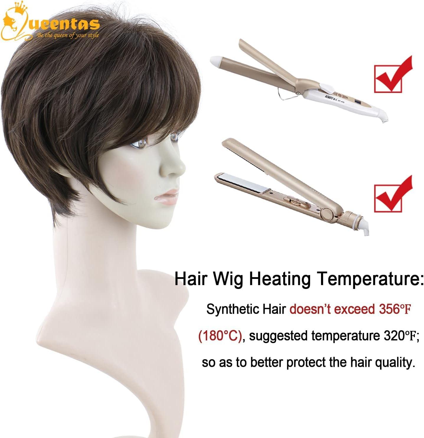 image:imageQueentas Perruque Courte Mixte Blonde Pixie Perruque Couche Nature Cheveux avec Frange Perruque Synthtique Rsistante La Chaleur Perruques Compltes pour Femmes et Fillesbrun fonc