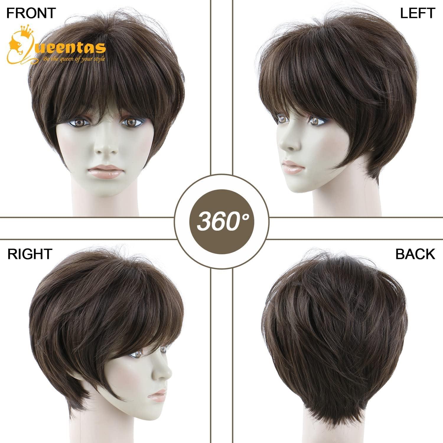 image:imageQueentas Perruque Courte Mixte Blonde Pixie Perruque Couche Nature Cheveux avec Frange Perruque Synthtique Rsistante La Chaleur Perruques Compltes pour Femmes et Fillesbrun fonc