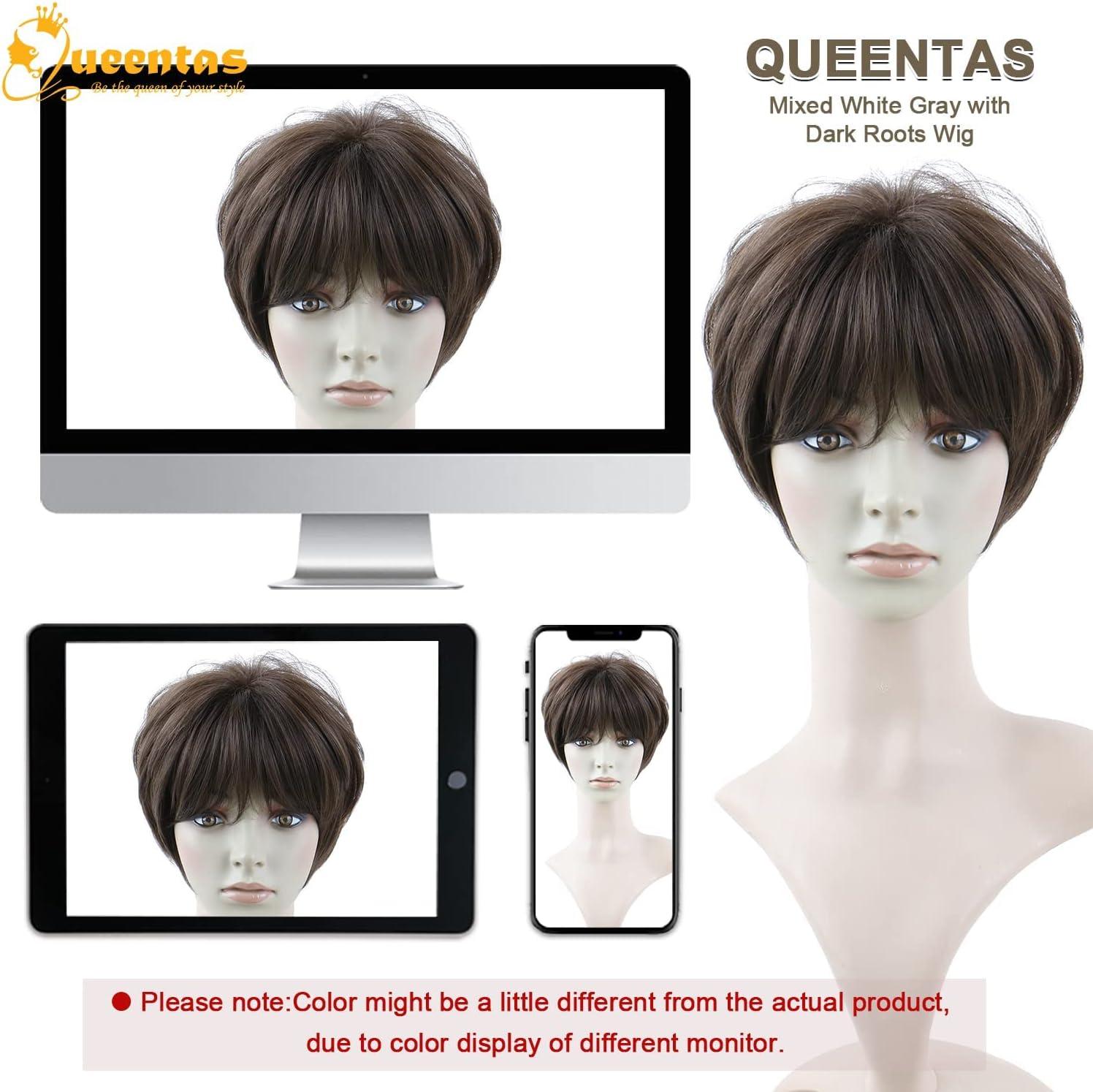 image:imageQueentas Perruque Courte Mixte Blonde Pixie Perruque Couche Nature Cheveux avec Frange Perruque Synthtique Rsistante La Chaleur Perruques Compltes pour Femmes et Fillesbrun fonc
