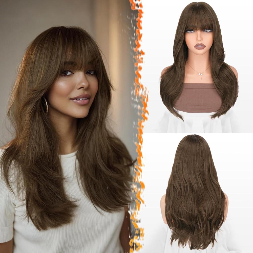 image:imageBARSDAR Layered Perruque Ombre Blond avec Frange 50cm Layered Perruque avec Franges Racines Fonces pour Femmes Daspect Naturelle Onduls Synthtiques Cheveux Perruques Wear Cosplay UtilisationBrun Miel