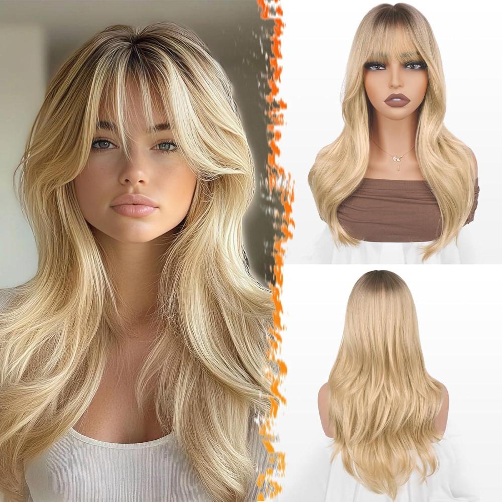 image:imageBARSDAR Layered Perruque Ombre Blond avec Frange 50cm Layered Perruque avec Franges Racines Fonces pour Femmes Daspect Naturelle Onduls Synthtiques Cheveux Perruques Wear Cosplay UtilisationOmbre Blond