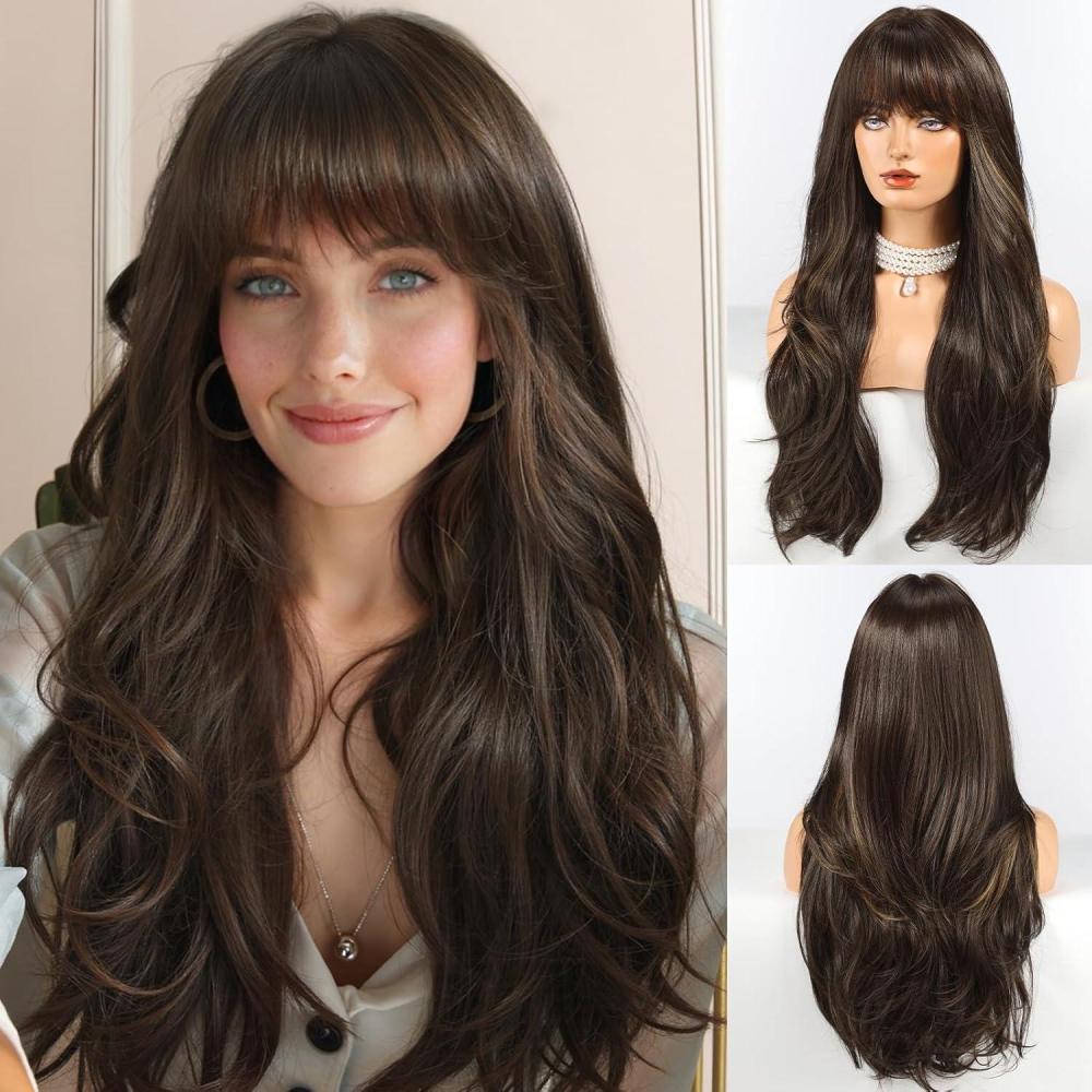 image:imageHAIRCUBE Perruque longue blonde avec Bangs Perruques boucles couches pour femmes Perruques naturelles synthtiques pour un usage quotidien pelucas de cabello naturalmarron