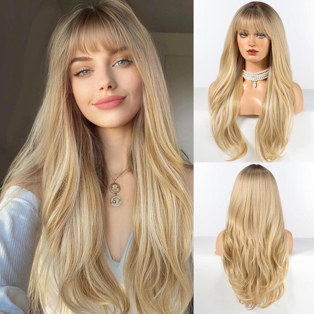 image:imageHAIRCUBE Perruque longue blonde avec Bangs Perruques boucles couches pour femmes Perruques naturelles synthtiques pour un usage quotidien pelucas de cabello naturalblonde