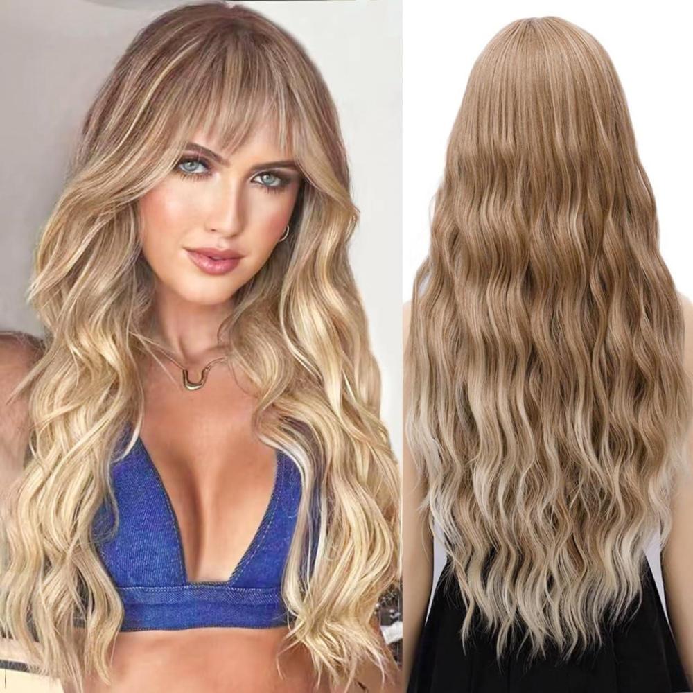 image:imagePerruques longues blond clair pour femme avec frange de cheveux synthtiques boucls onduls daspect naturel pour femme pour le quotidien ou Halloween cosplay 711 cmOmbre MarronBlond