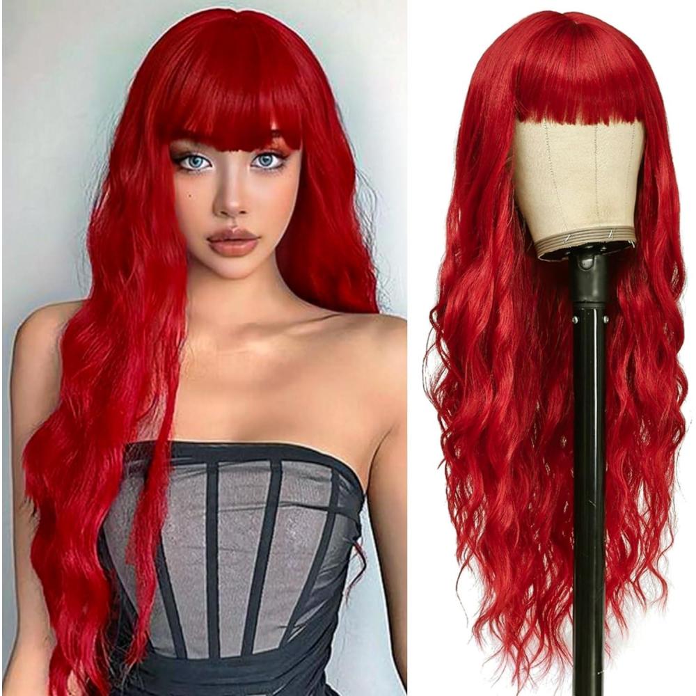 image:imagePerruques longues blond clair pour femme avec frange de cheveux synthtiques boucls onduls daspect naturel pour femme pour le quotidien ou Halloween cosplay 711 cmOr Rouge