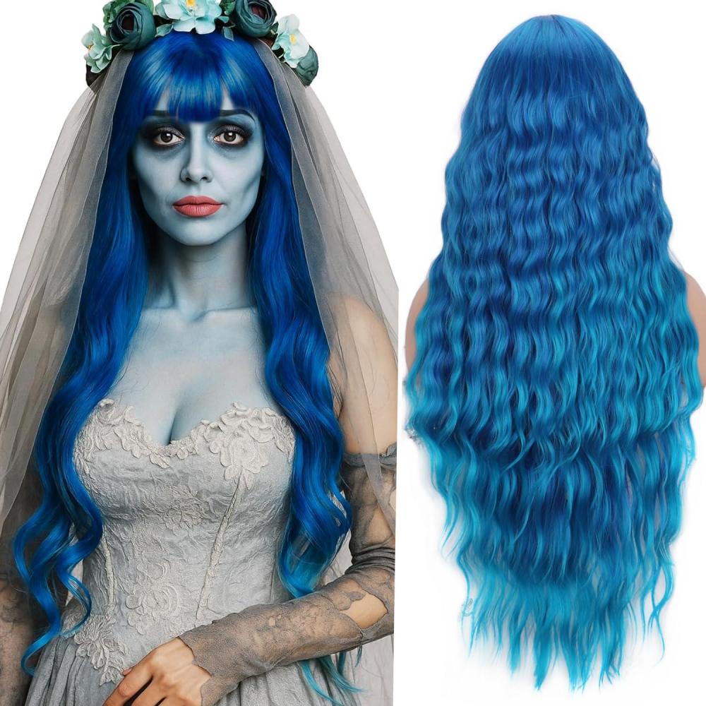 image:imagePerruques longues blond clair pour femme avec frange de cheveux synthtiques boucls onduls daspect naturel pour femme pour le quotidien ou Halloween cosplay 711 cmbleu