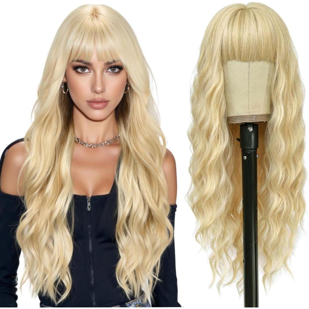 image:imagePerruques longues blond clair pour femme avec frange de cheveux synthtiques boucls onduls daspect naturel pour femme pour le quotidien ou Halloween cosplay 711 cmBlond clair