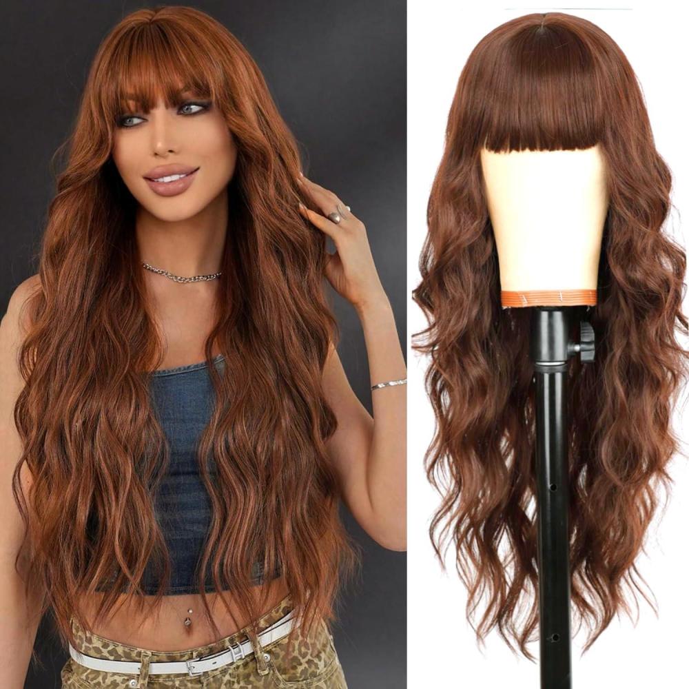 image:imagePerruques longues blond clair pour femme avec frange de cheveux synthtiques boucls onduls daspect naturel pour femme pour le quotidien ou Halloween cosplay 711 cmBrun miel