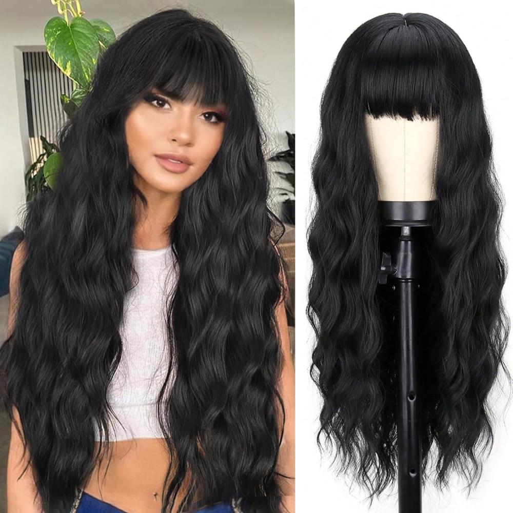 image:imagePerruques longues blond clair pour femme avec frange de cheveux synthtiques boucls onduls daspect naturel pour femme pour le quotidien ou Halloween cosplay 711 cmNoir