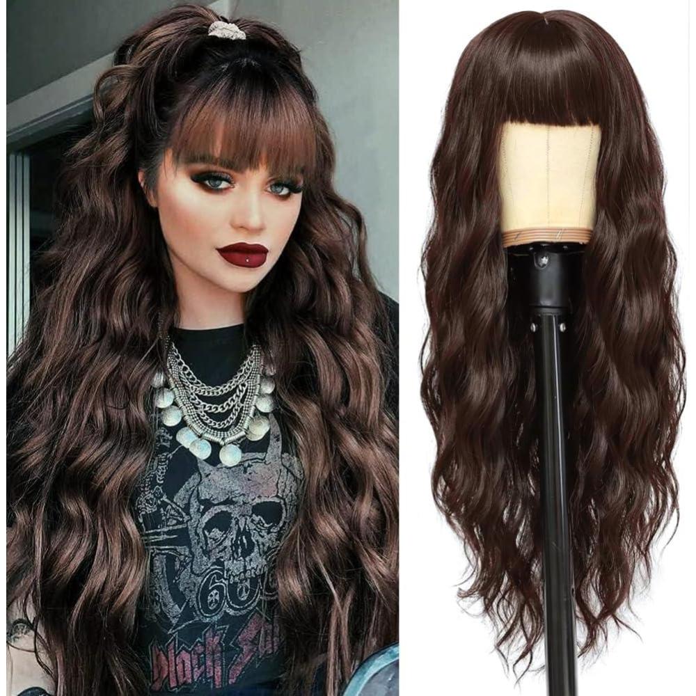 image:imagePerruques longues blond clair pour femme avec frange de cheveux synthtiques boucls onduls daspect naturel pour femme pour le quotidien ou Halloween cosplay 711 cmMarron fonc