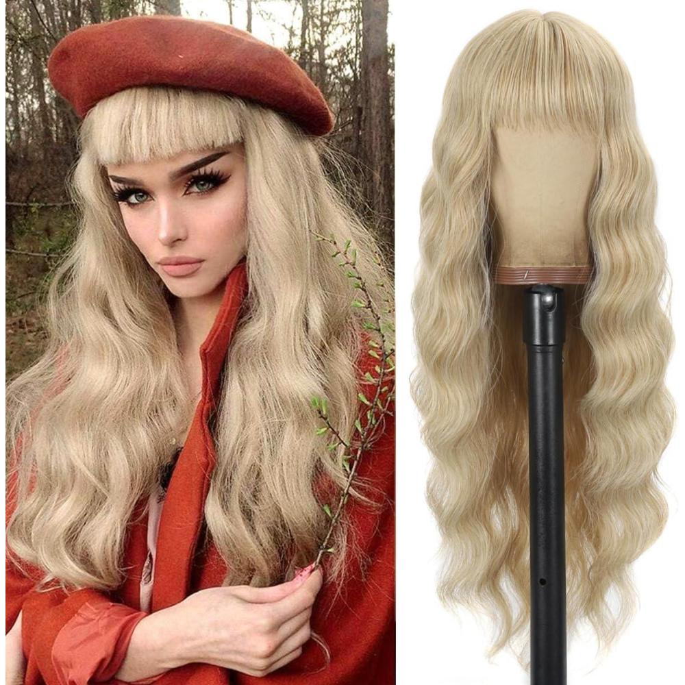 image:imagePerruques longues blond clair pour femme avec frange de cheveux synthtiques boucls onduls daspect naturel pour femme pour le quotidien ou Halloween cosplay 711 cmblonde