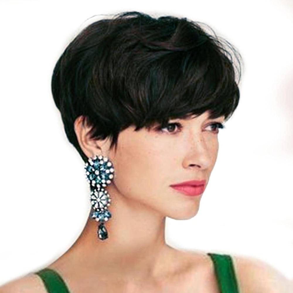 image:imageQueentas Perruque Courte Mixte Blonde Pixie Perruque Couche Nature Cheveux avec Frange Perruque Synthtique Rsistante La Chaleur Perruques Compltes pour Femmes et FillesNoir Naturelle