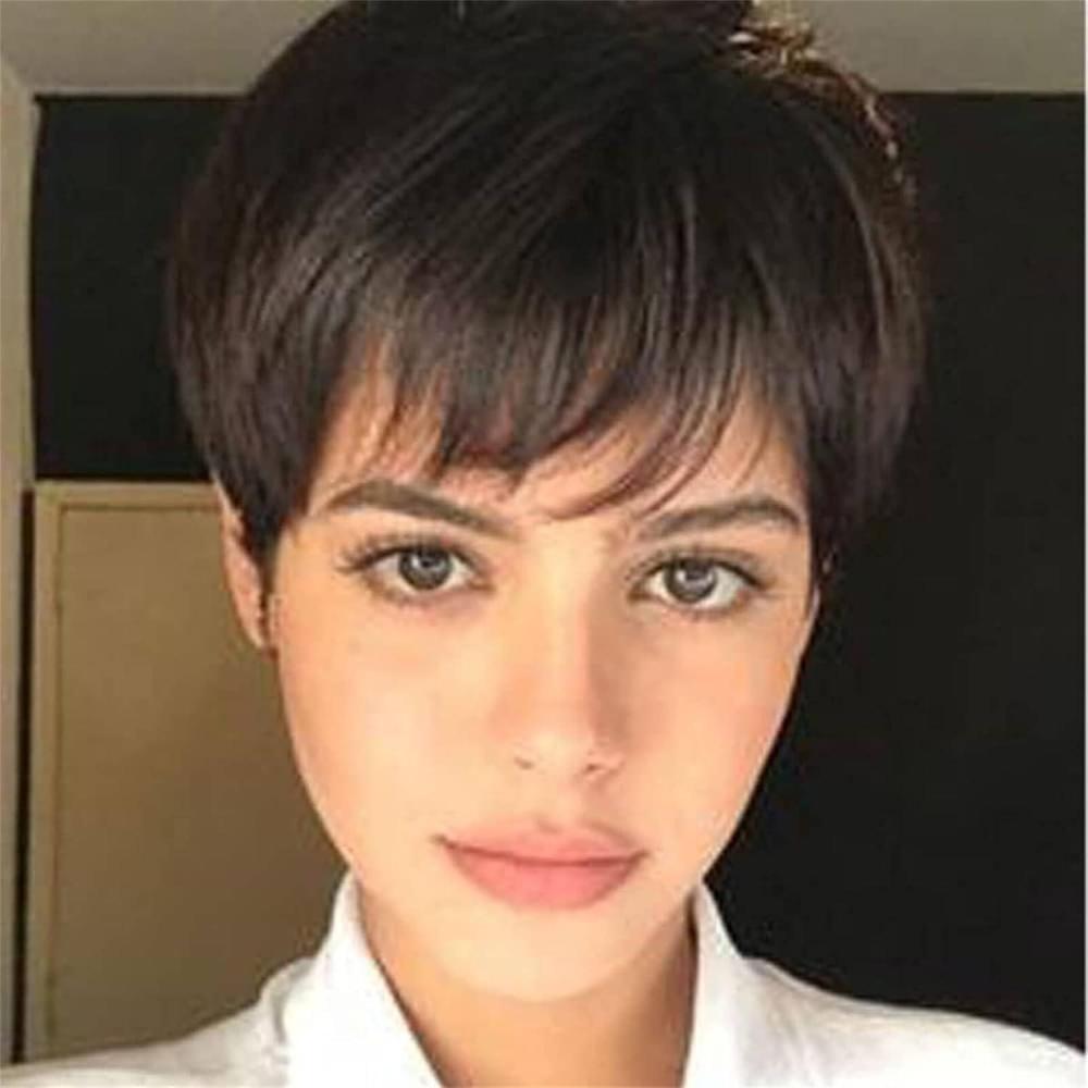 image:imageQueentas Perruque Courte Mixte Blonde Pixie Perruque Couche Nature Cheveux avec Frange Perruque Synthtique Rsistante La Chaleur Perruques Compltes pour Femmes et Fillesbrun fonc