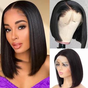 613 Perruque Bob Blonde Cheveux Humains 13×4 HD Bob Lace Front Perruques de Cheveux Humains Pré Plucked 210 Densité Perruques Bob Blonde Courtes pour Femmes 12 Pouces(noir)