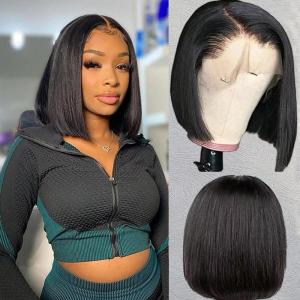 613 Perruque Bob Blonde Cheveux Humains 13×4 HD Bob Lace Front Perruques de Cheveux Humains Pré Plucked 210 Densité Perruques Bob Blonde Courtes pour Femmes 12 Pouces(Perruque bob noire 13×4)