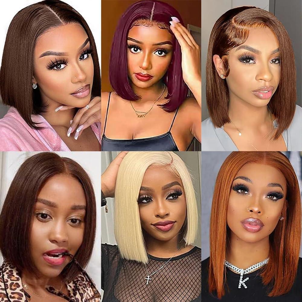 image:imagePerruque Femme Naturelle 13x4 Bob Lace Frontal Wig Perruque Bresilienne Cheveux Humain Perruque Naturelle Wig Human Hair for Black Women Couleur Bob Wigs 8 Pouces4 Marron chocolate Bob Perruque