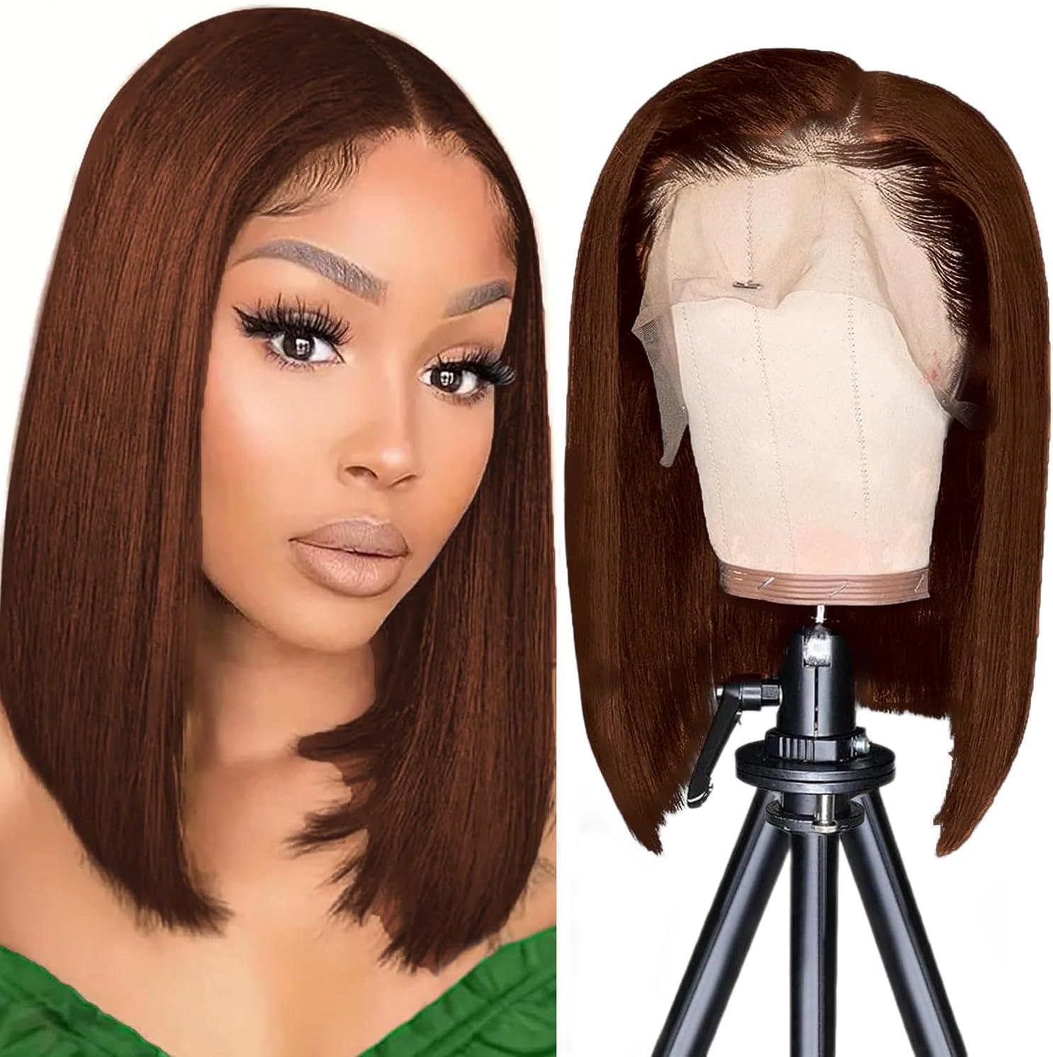 image:imagePerruque Femme Naturelle 13x4 Bob Lace Frontal Wig Perruque Bresilienne Cheveux Humain Perruque Naturelle Wig Human Hair for Black Women Couleur Bob Wigs 8 Pouces4 Marron chocolate Bob Perruque