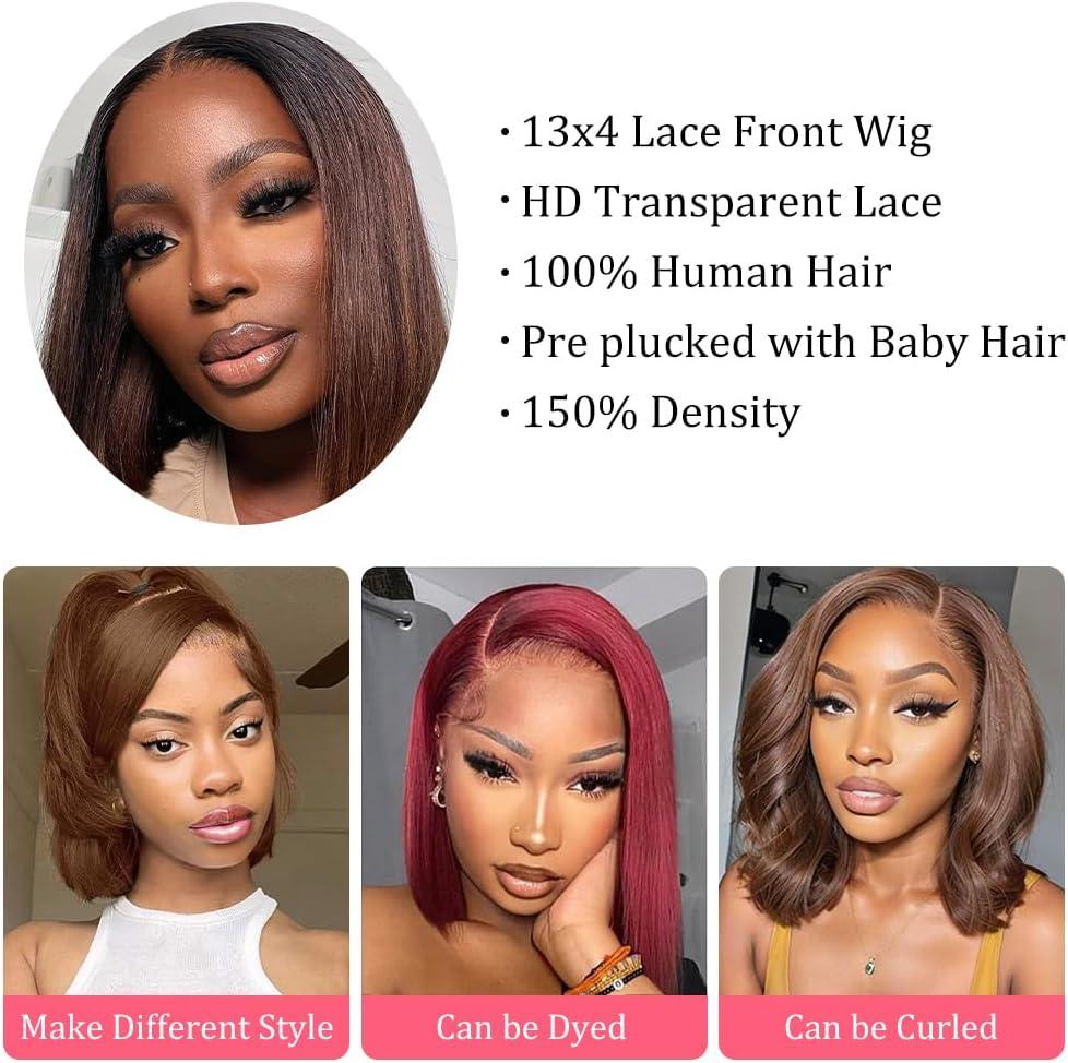 image:imagePerruque Femme Naturelle 13x4 Bob Lace Frontal Wig Perruque Bresilienne Cheveux Humain Perruque Naturelle Wig Human Hair for Black Women Couleur Bob Wigs 8 Pouces4 Marron chocolate Bob Perruque