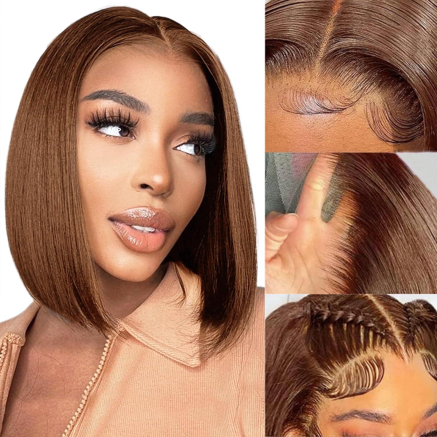 image:imagePerruque Femme Naturelle 13x4 Bob Lace Frontal Wig Perruque Bresilienne Cheveux Humain Perruque Naturelle Wig Human Hair for Black Women Couleur Bob Wigs 8 Pouces4 Marron chocolate Bob Perruque