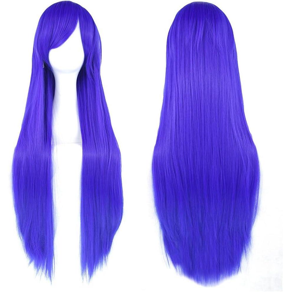 image:image315quot80cm Longue Perruque Cosplay Anime Femme Cheveux Longs Raides Perruque Synthtique Quotidienne PartiBleu saphir
