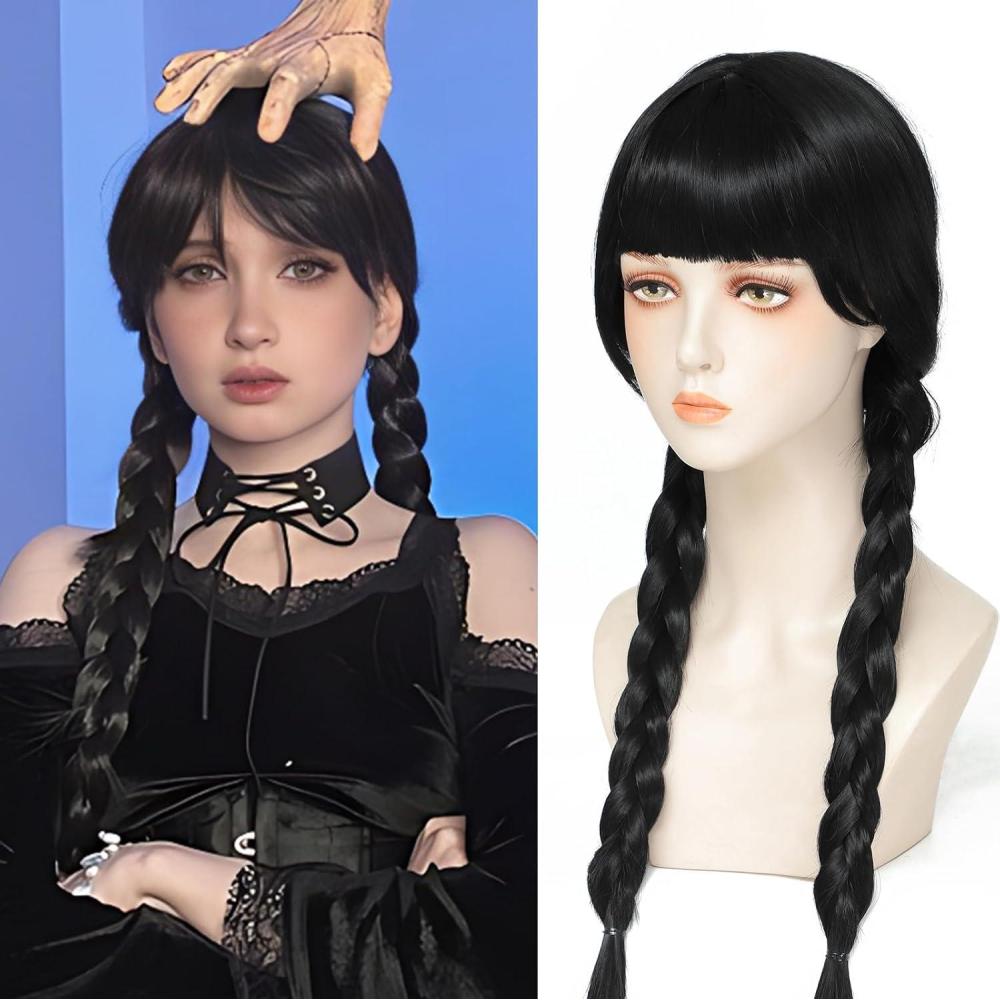 image:imagePerruque de cosplay Coupe rglable Longue perruque tresse double avec frange Perruque dHalloween Orange Pour fte carnaval Pour femme et filleNoir