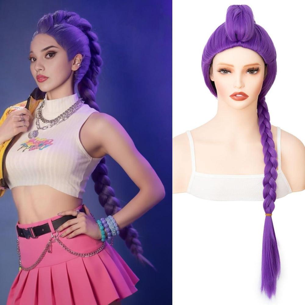 image:imagePerruque de cosplay Coupe rglable Longue perruque tresse double avec frange Perruque dHalloween Orange Pour fte carnaval Pour femme et filleviolet