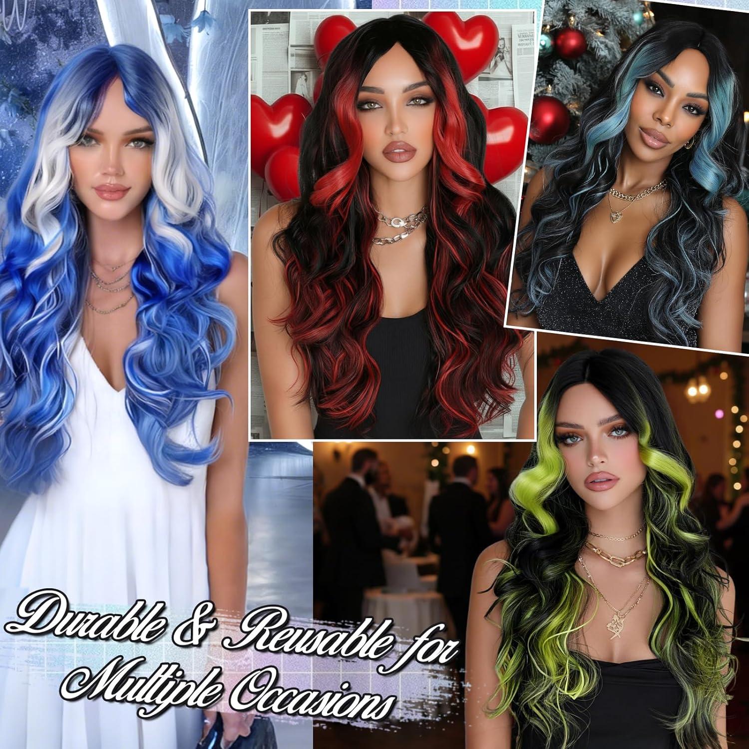 image:imageBARSDAR Perruques Longue Ondule Noir et Bleu Sarcelle Highlight avec Frange 71cm Bleu Noir Perruque pour Femmes Aspect Naturel Synthtiques Cheveux Perruque Halloween Costume PerruquesNoir Vert Highlight