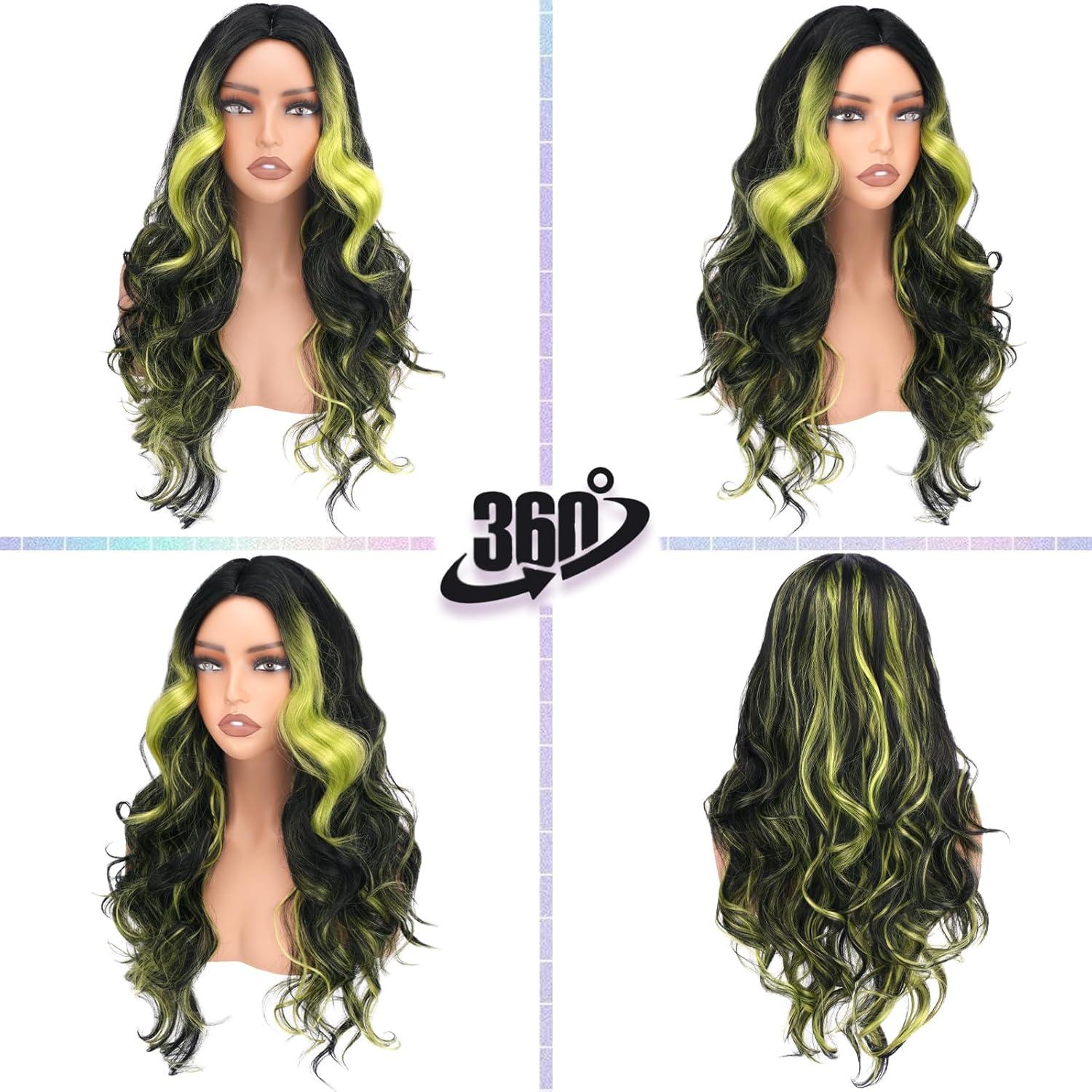 image:imageBARSDAR Perruques Longue Ondule Noir et Bleu Sarcelle Highlight avec Frange 71cm Bleu Noir Perruque pour Femmes Aspect Naturel Synthtiques Cheveux Perruque Halloween Costume PerruquesNoir Vert Highlight