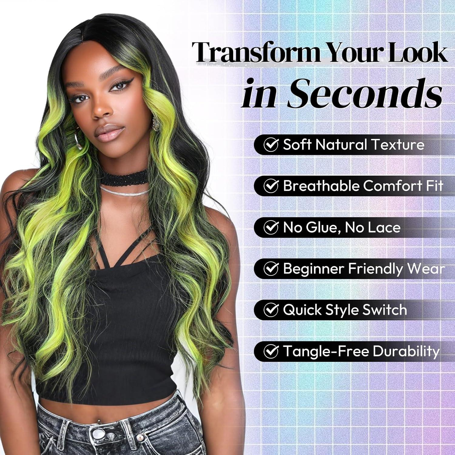 image:imageBARSDAR Perruques Longue Ondule Noir et Bleu Sarcelle Highlight avec Frange 71cm Bleu Noir Perruque pour Femmes Aspect Naturel Synthtiques Cheveux Perruque Halloween Costume PerruquesNoir Vert Highlight