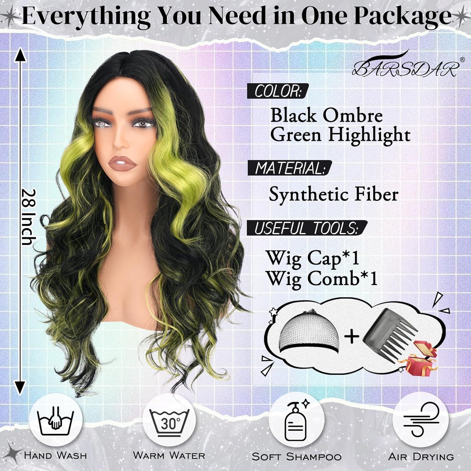 image:imageBARSDAR Perruques Longue Ondule Noir et Bleu Sarcelle Highlight avec Frange 71cm Bleu Noir Perruque pour Femmes Aspect Naturel Synthtiques Cheveux Perruque Halloween Costume PerruquesNoir Vert Highlight