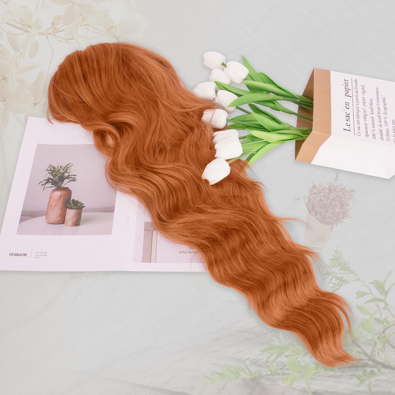 image:imageFESHFEN Perruque Noir Ondule avec Frange Perruques Femme Naturelle Longue Boucle Rsistantes la Chaleur Synthtiques Perruque Cheveux pour Fte Quotidienne 65 cmorange