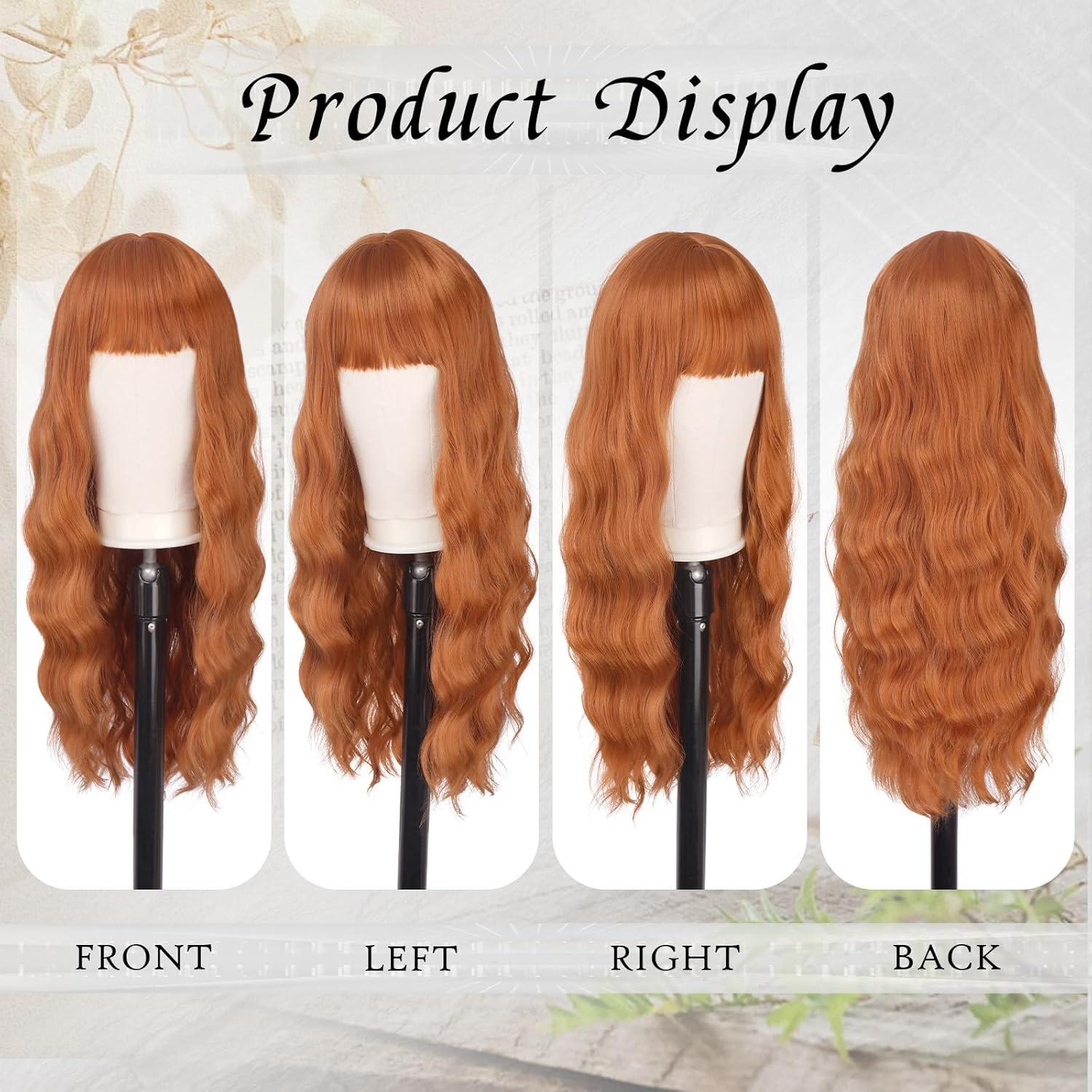 image:imageFESHFEN Perruque Noir Ondule avec Frange Perruques Femme Naturelle Longue Boucle Rsistantes la Chaleur Synthtiques Perruque Cheveux pour Fte Quotidienne 65 cmorange