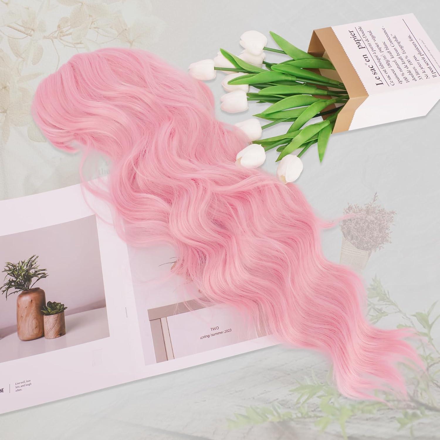 image:imageFESHFEN Perruque Noir Ondule avec Frange Perruques Femme Naturelle Longue Boucle Rsistantes la Chaleur Synthtiques Perruque Cheveux pour Fte Quotidienne 65 cmrose