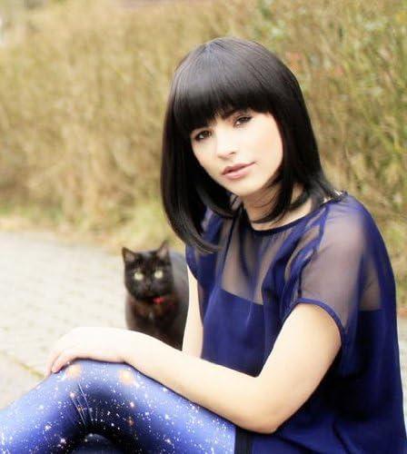 image:imagePrettyland Perruque Moyenne naturels Carr Bob Frange Raide Wig Cheveux Courte Brun fonc Noir Cloptre C932Noir