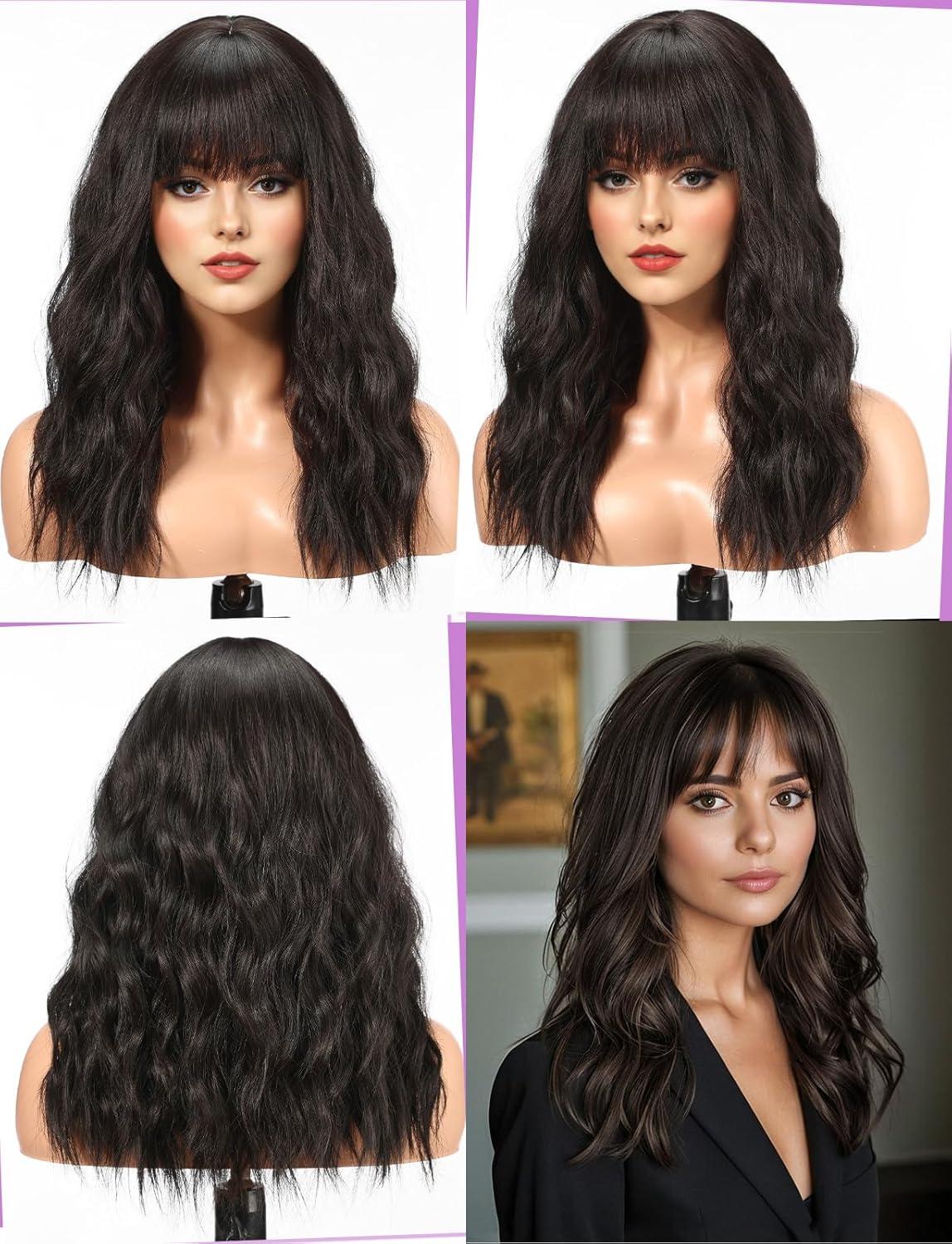 image:imageWOKESTAR Perruque longue avec frange perruques ondules synthtiques pour femmes couleur noir naturelNoir naturel
