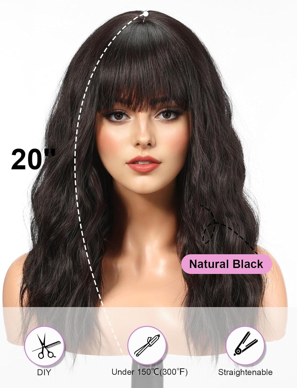 image:imageWOKESTAR Perruque longue avec frange perruques ondules synthtiques pour femmes couleur noir naturelNoir naturel