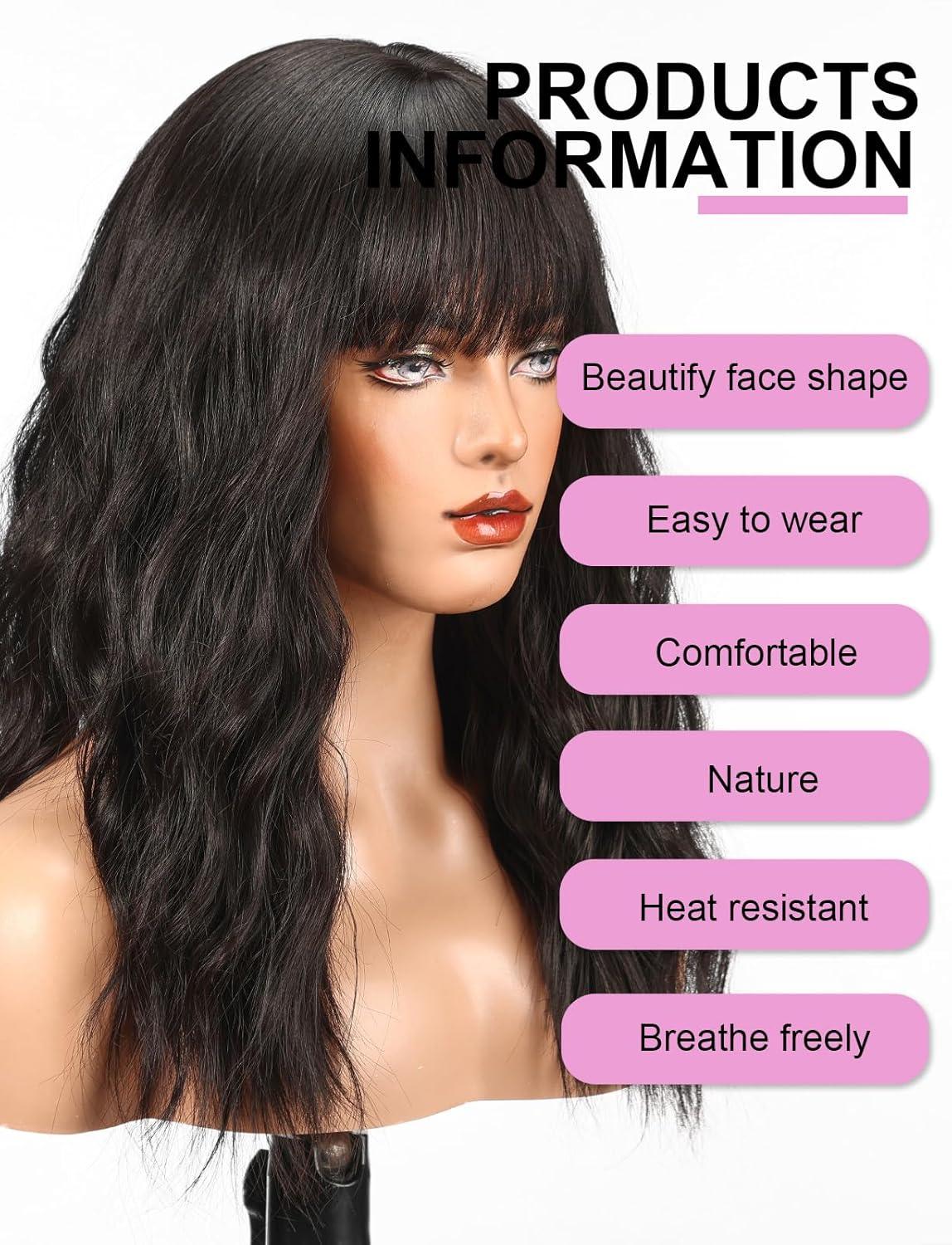 image:imageWOKESTAR Perruque longue avec frange perruques ondules synthtiques pour femmes couleur noir naturelNoir naturel