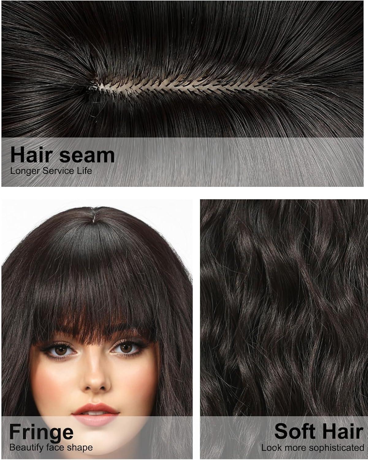 image:imageWOKESTAR Perruque longue avec frange perruques ondules synthtiques pour femmes couleur noir naturelNoir naturel