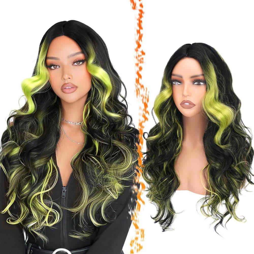 image:imageBARSDAR Perruques Longue Ondule Noir et Bleu Sarcelle Highlight avec Frange 71cm Bleu Noir Perruque pour Femmes Aspect Naturel Synthtiques Cheveux Perruque Halloween Costume PerruquesNoir Vert Highlight