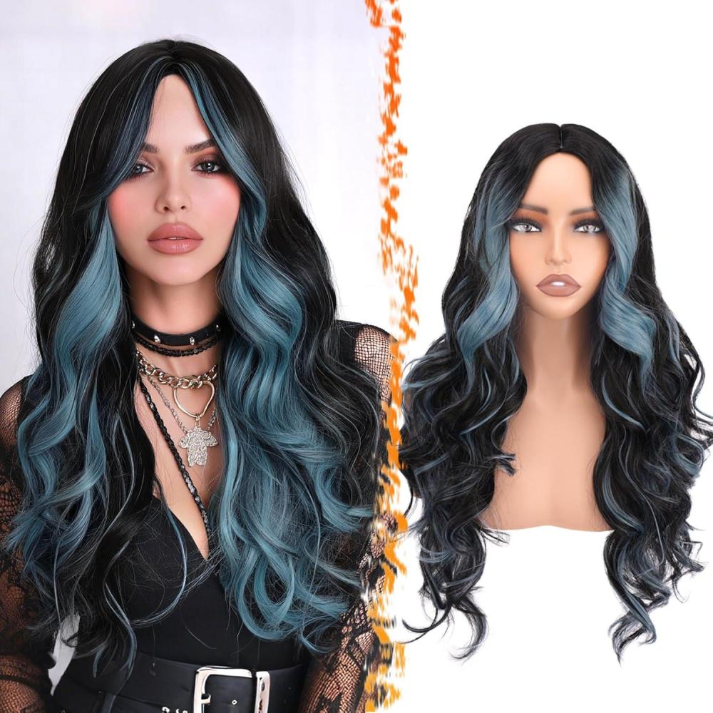 image:imageBARSDAR Perruques Longue Ondule Noir et Bleu Sarcelle Highlight avec Frange 71cm Bleu Noir Perruque pour Femmes Aspect Naturel Synthtiques Cheveux Perruque Halloween Costume PerruquesNoir Teal Bleu Highlight